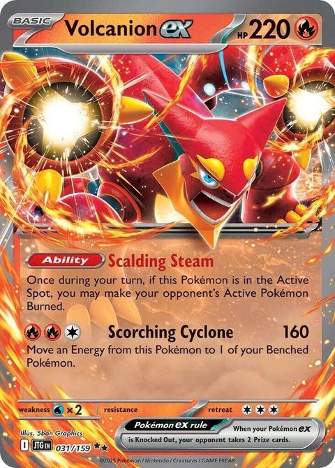 Pokémon Journey Together Volcanion EX single card featuring vibrant artwork of the fire and water type Pokémon.