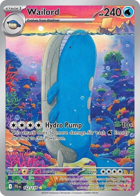Pokémon Journey Together Wailord 162 single card featuring Wailord in vibrant artwork on a white background.