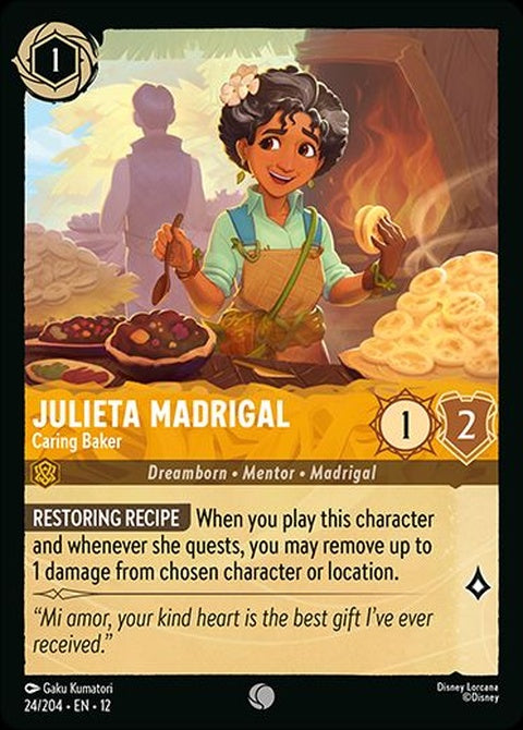 Julieta Madrigal from Disney Lorcana Caring Baker Singles card featuring vibrant artwork of Julieta in a warm, colorful scene.