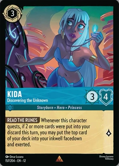 Kida from Disney Lorcana singles card titled "Discovering The Unknown," featuring her in a vibrant scene with magical elements.
