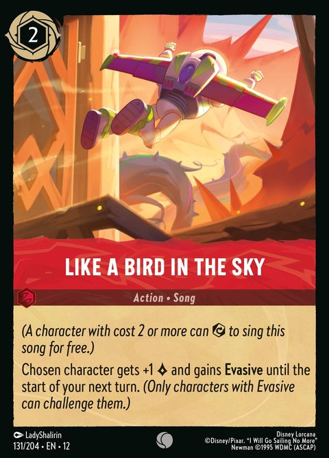 Disney Lorcana Like A Bird In The Sky singles card featuring artwork of a bird in the sky on a vibrant background.