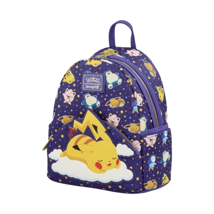 Vegan leather Loungefly Pokémon Sleeping Pikachu mini backpack featuring a cute Pikachu sleeping design, ideal for casual wear.