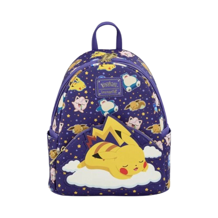 Vegan leather Loungefly Pokémon Sleeping Pikachu mini backpack with detailed Pikachu design, perfect for casual or collectible use.