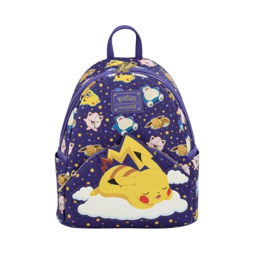 Vegan leather Loungefly Pokémon Sleeping Pikachu mini backpack with detailed Pikachu design, perfect for casual or collectible use.