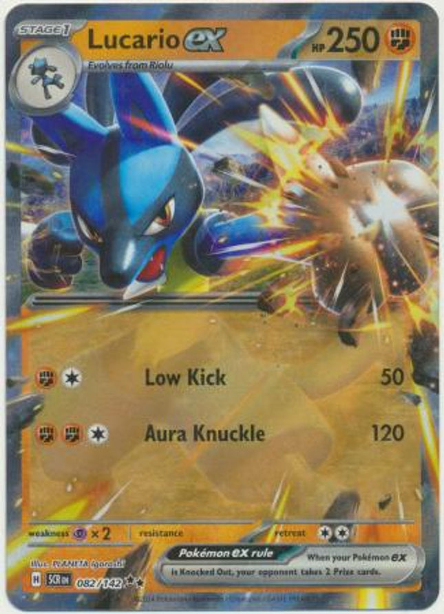 Lucario ex 082/142 Double Rare Pokémon card from Stellar Crown by KTM Collectibles UK, featuring Lucario in dynamic pose.