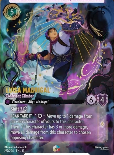 Luisa Madrigal from Disney Lorcana singles, confidently climbing with a determined expression, in colorful illustrated style.