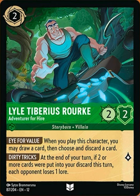 Lyle Tiberius Rourke Disney Lorcana singles card featuring an adventurer character with detailed artwork and vibrant colors.