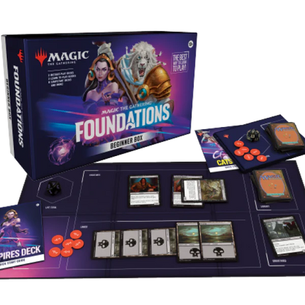 Magic: The Gathering Foundations Beginner Box by KTM Collectibles, featuring colorful cards and game components for new players.