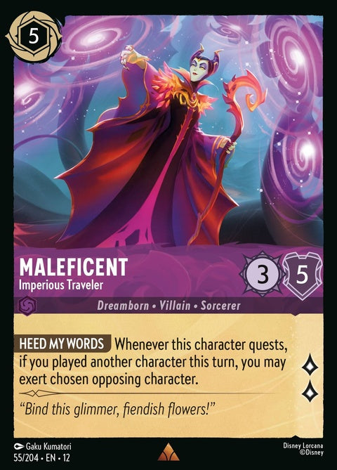 Disney Lorcana Maleficent - Imperious Traveler card from the singles collection, featuring detailed artwork of Maleficent.