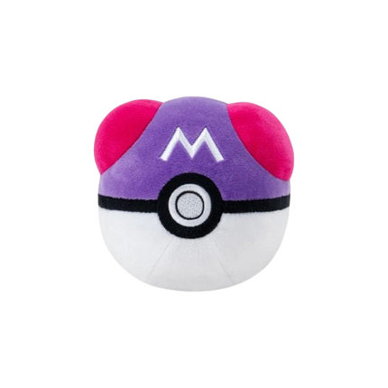 Plush toy resembling a Poké Ball with a purple top and pink sides on a white background