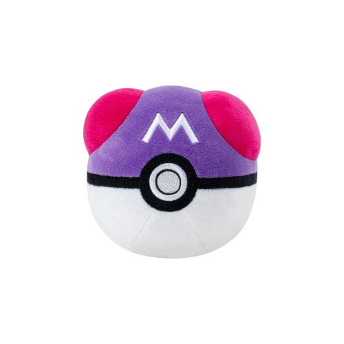 Plush toy resembling a Poké Ball with a purple top and pink sides on a white background