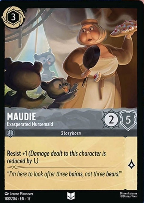 Disney Lorcana Maudie - Exasperated Nursemaid Singles card featuring an illustration of Maudie looking frustrated.