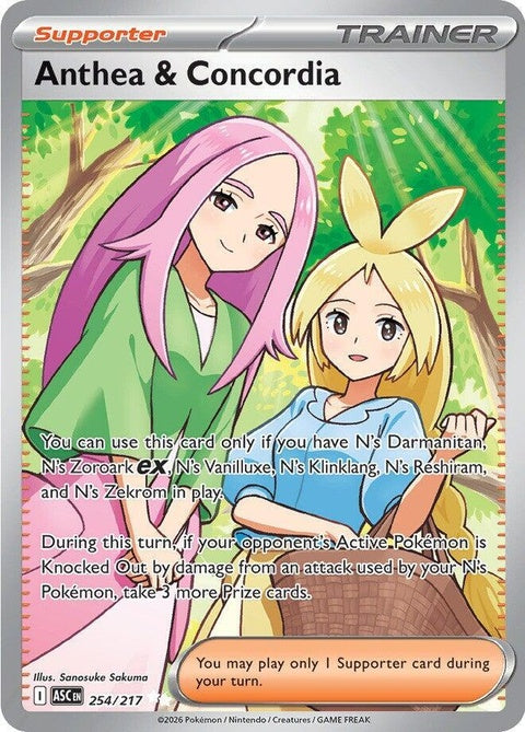Pokémon ME Ascended Heroes Anthea & Concordia trading card, featuring colorful artwork and character details.