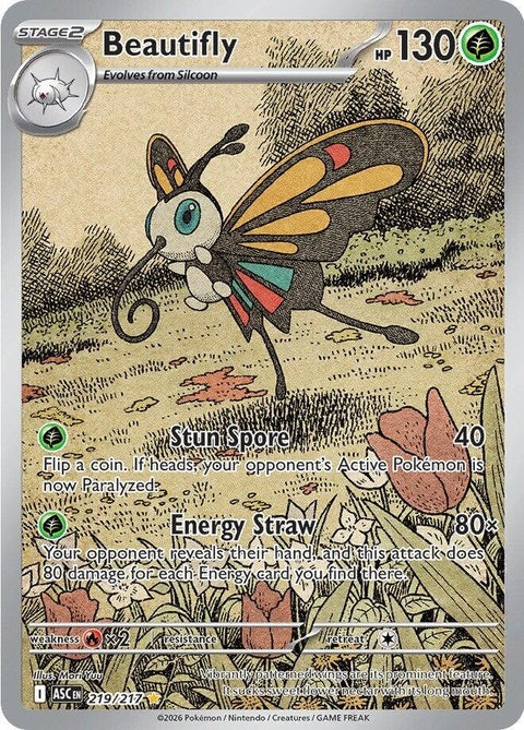 Pokémon ME Ascended Heroes Beautifly single card featuring the colorful butterfly Pokémon from the Pokémon trading card game.