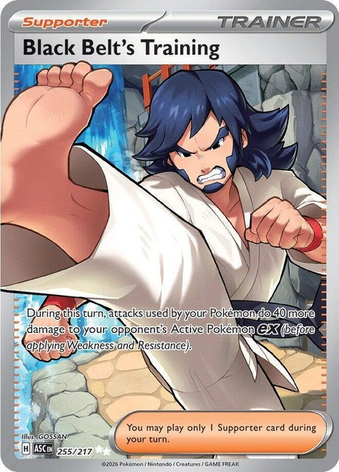 Pokémon ME: Ascended Heroes Black Belt's Training singles card, featuring artwork of a Pokémon with a black belt.