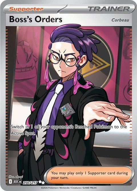Pokemon Me: Ascended Heroes Boss's Orders Corbeau single card featuring Corbeau from the Pokémon Ascended Heroes set.