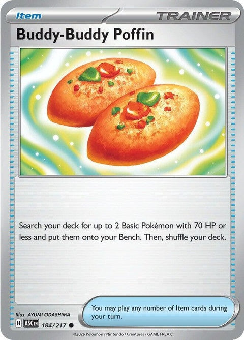 Pokémon ME: Ascended Heroes Buddy-Buddy Poffin, singles game item, vibrant colorful packaging with Pokémon artwork.