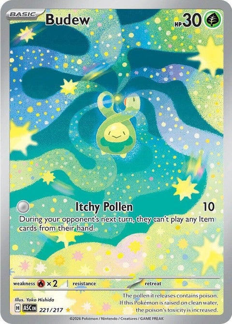 Pokémon ME: Ascended Heroes Budew single card featuring a green Budew with detailed artwork from Pokémon.