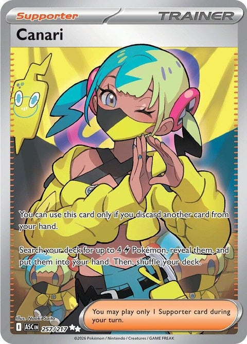 Pokémon Ascended Heroes Canari single card featuring colorful artwork of a fiery bird Pokémon from the Pokémon series.