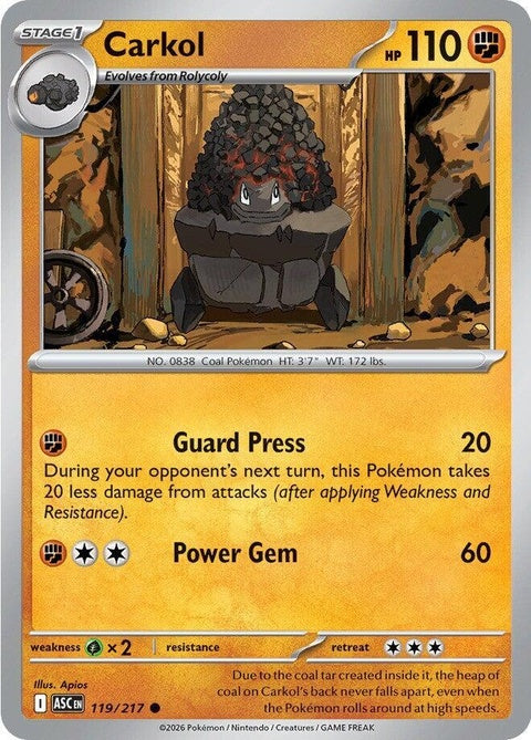 Pokémon ME: Ascended Heroes Carkol single card featuring Carkol, a Fire/Rock type Pokémon from the Pokémon trading card game.