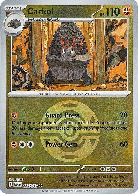 Carkol Pokémon from ME: Ascended Heroes set in a Dusk Ball, detailed illustration with vibrant colors.