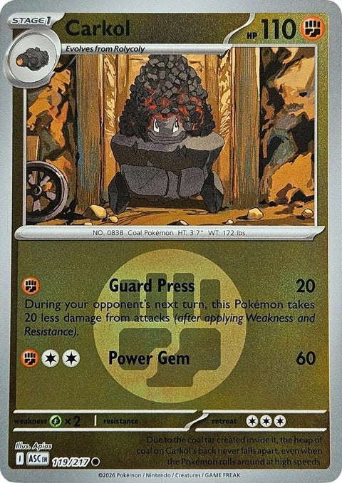 Carkol Pokémon card from ME: Ascended Heroes with energy symbol pattern, featuring detailed artwork and vibrant colors.