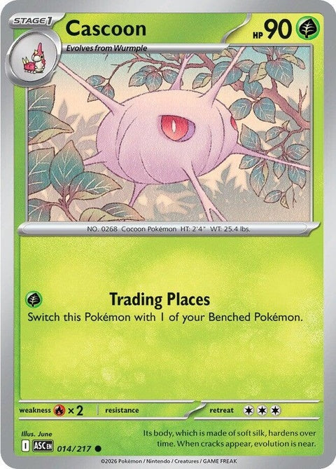 Pokémon Ascended Heroes Cascoon single card from the ME series, featuring detailed artwork of the bug-type Pokémon.