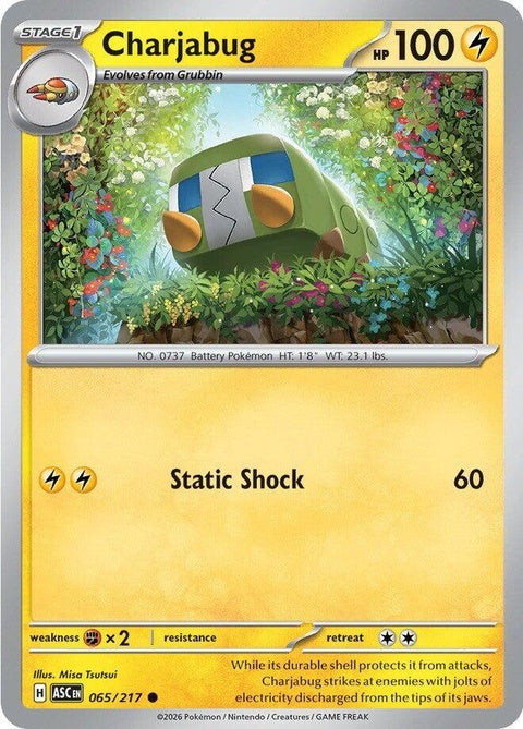 Pokémon ME: Ascended Heroes Charjabug single card featuring detailed illustration of the electric bug Pokémon.