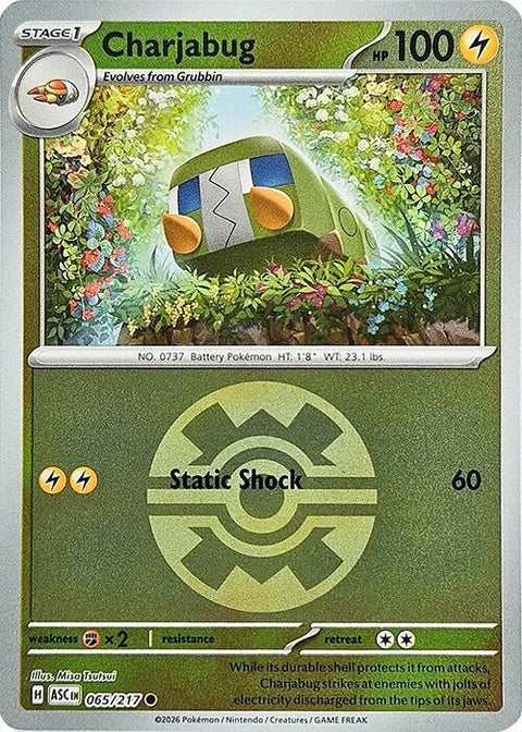 Pokémon ME: Ascended Heroes Charjabug card with Quick Ball in the background, showcasing vibrant artwork and detailed design.