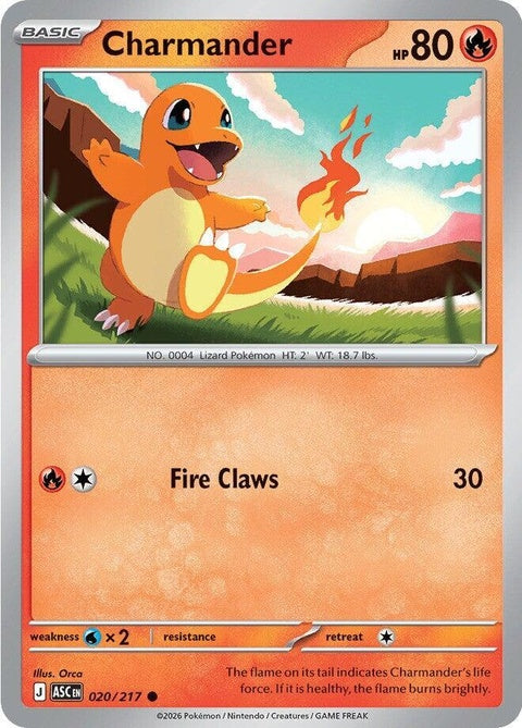 Pokémon Ascended Heroes Charmander single card featuring Charmander with fiery artwork, brand logo visible on the card.