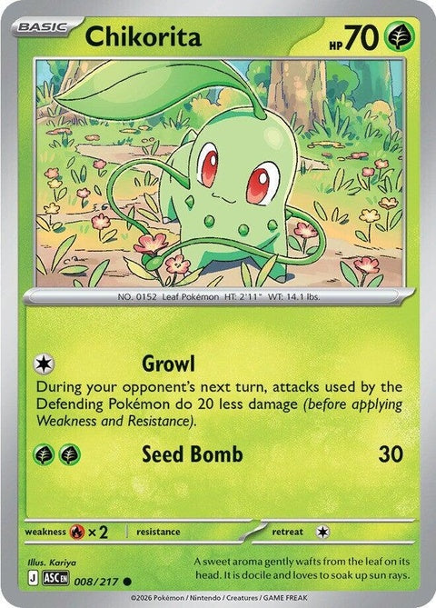 Pokémon Ascended Heroes Chikorita single card, featuring a green dinosaur-like Pokémon with a joyful expression and vibrant background.