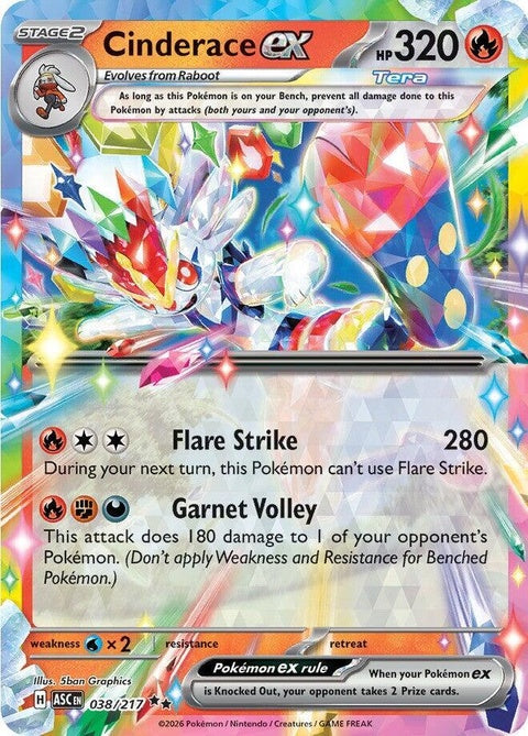 Pokémon ME Ascended Heroes Cinderace EX card featuring Cinderace in dynamic pose, vibrant artwork, and detailed Pokémon branding.