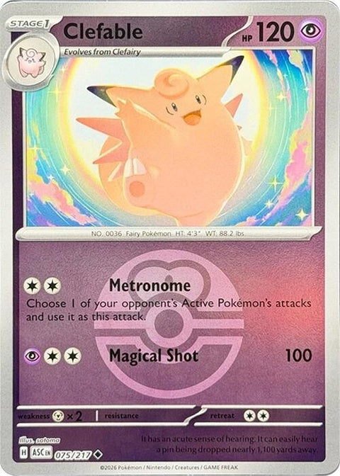Pokémon ME: Ascended Heroes Clefable 75 in Love Ball, collectible singles card with vibrant artwork and detailed design.