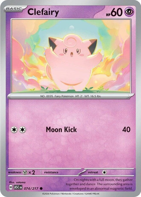 Pokémon ME: Ascended Heroes Clefairy trading card from Singles series, featuring a cute, pink Fairy type Pokémon.