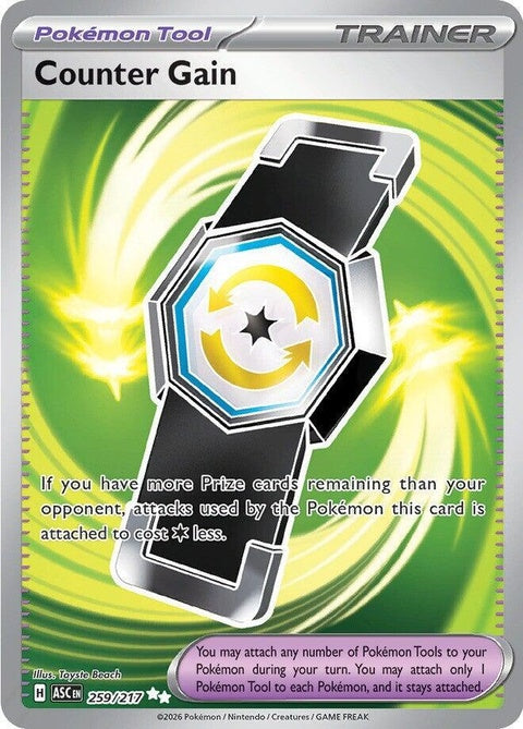 Pokémon ME: Ascended Heroes Counter Gain single card, featuring vibrant artwork and game details from the Pokémon trading card game.