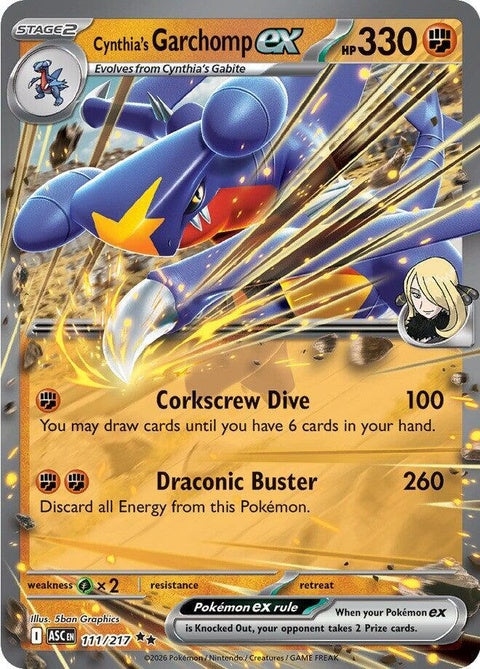Pokémon Ascended Heroes Cynthia's Garchomp EX single card from the Pokémon brand, featuring detailed artwork of Garchomp.
