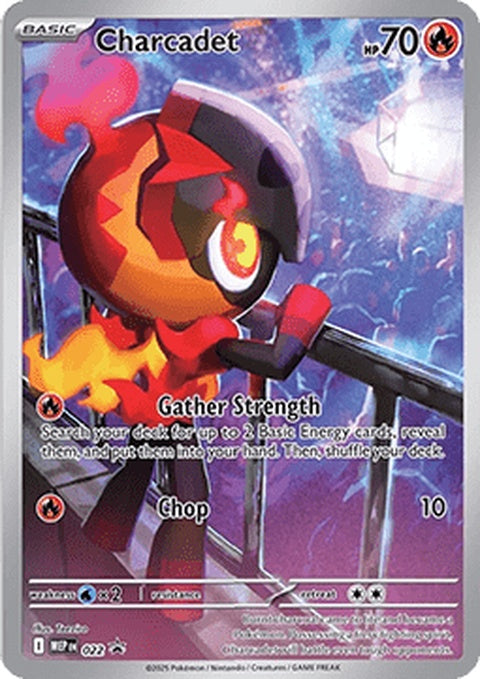 Pokémon Mega Evolution Promo card featuring Charcadet, single card with vibrant artwork and branding.
