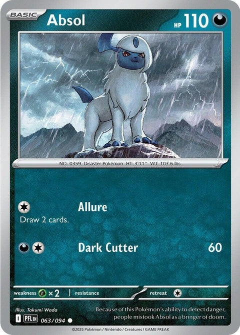 Pokémon ME02 Phantasmal Flames Absol single card featuring a fiery Absol Pokémon from the Pokémon trading card game.