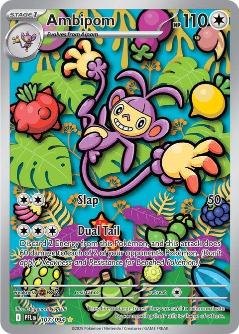 Pokémon ME02: Phantasmal Flames Ambipom single card featuring Ambipom with fiery artwork, from the Pokémon trading card game.