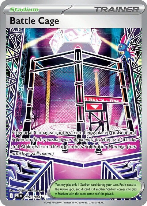 Pokémon Phantasmal Flames Battle Cage singles card from the ME02 set, featuring fiery artwork and Pokémon branding.