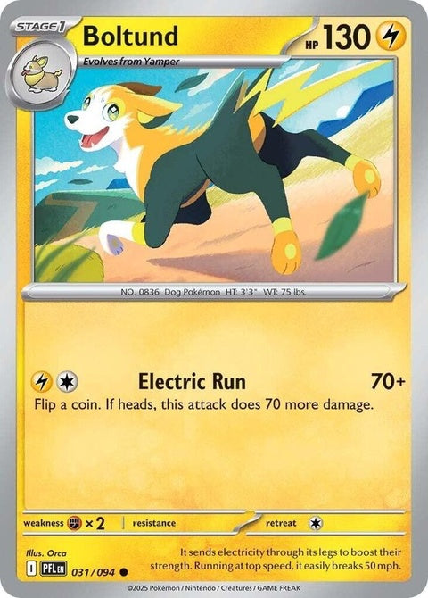 Boltund Pokémon card from Phantasmal Flames set, featuring vibrant artwork of Electric-type Pokémon.