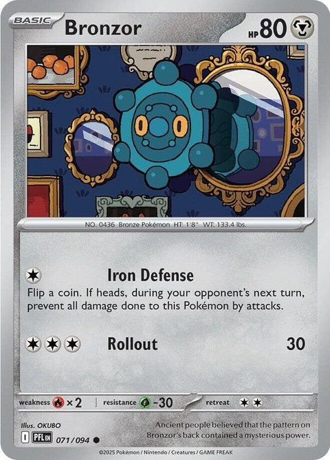 Pokémon Phantasmal Flames Bronzor card from the ME02 set, featuring a bronze-colored Pokémon with mystical flames in the artwork.