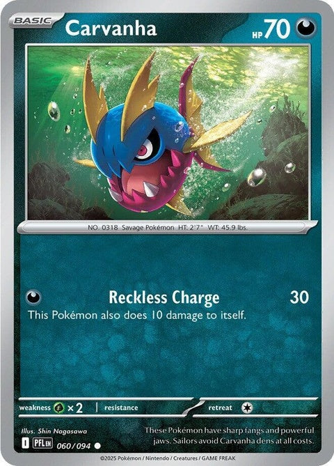 Pokémon Phantasmal Flames Carvanha single card from ME02 set, featuring a fierce Carvanha in a dynamic battle pose.