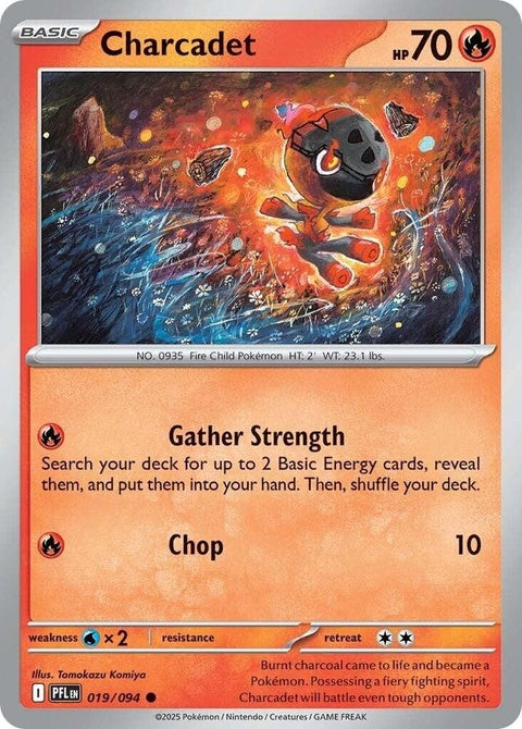 Pokémon Charcadet single card from Phantasmal Flames set, featuring artwork with flames and detailed Pokémon illustration.