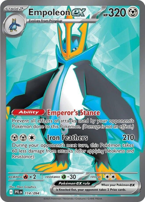 Pokémon Empoleon EX card from Phantasmal Flames set, featuring detailed artwork and vibrant design on a single Pokémon trading card.