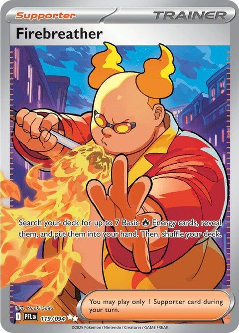 Pokémon ME02 Phantasmal Flames Firebreather single card featuring fiery artwork from the Pokémon TCG.