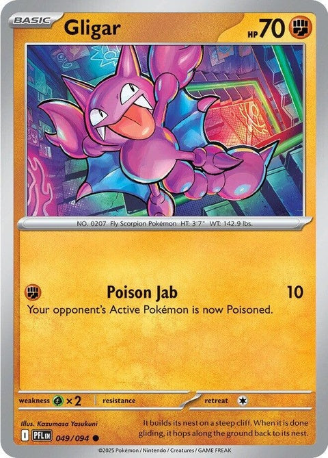Pokémon Gligar from ME02 Phantasmal Flames set, single card, featuring a flying ground-type Pokémon in dynamic pose.