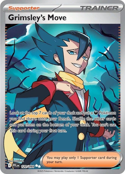 Pokémon ME02 Phantasmal Flames card featuring Grimsley's move, with vibrant flame artwork and detailed Pokémon branding.