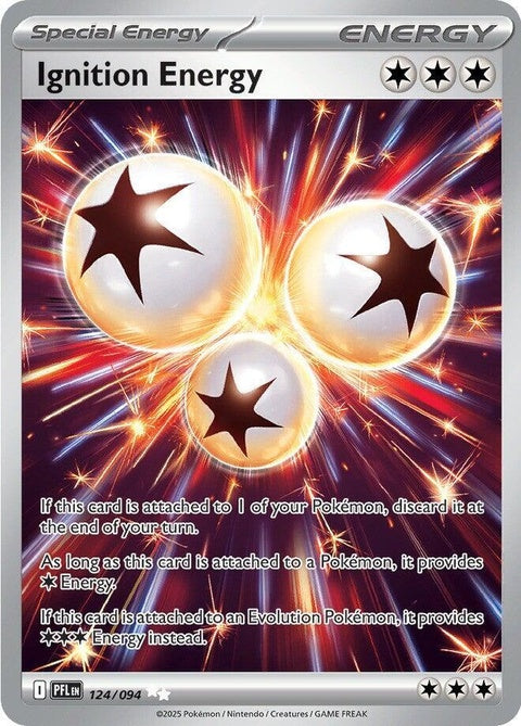 Pokémon ME02 Phantasmal Flames Ignition Energy Singles card showing fiery artwork and energy symbol.