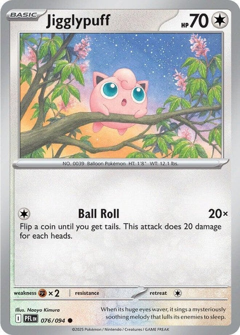 Pokémon ME02 Phantasmal Flames Jigglypuff single card showing Jigglypuff with fiery flame artwork from Pokémon series.